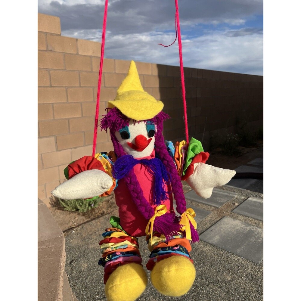 VTG Handmade Folk Art Clown Doll Patchwork Yarn Hair Hanging 15” OOAK